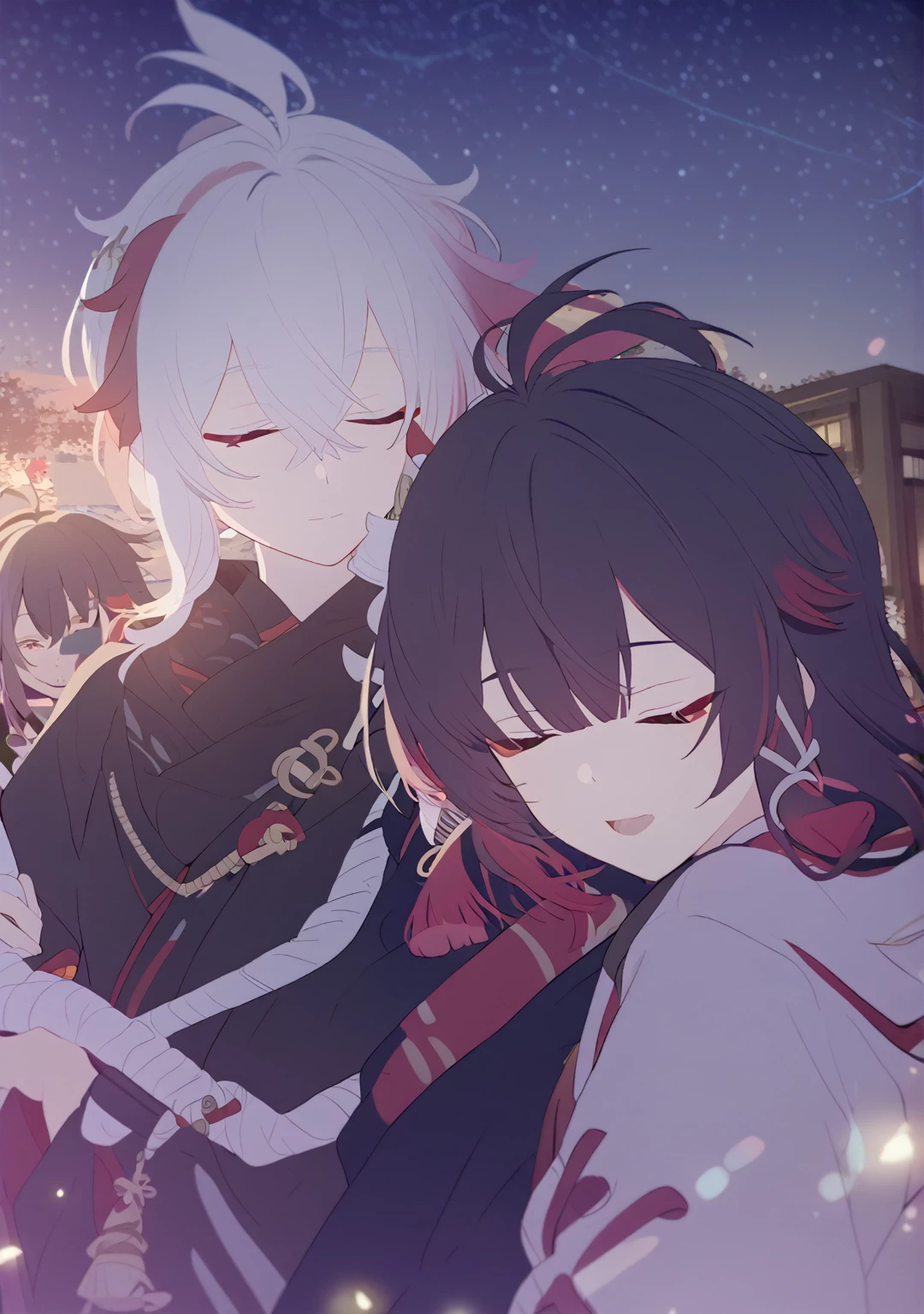 Man and woman couple, couple, walking under the stars, at night, very close, 1 girl, Columbina, multicilor hair, two color hair, colored inner hair, decoration for your hair, black fur, with red outline, closed eyes, 1 chico, Kaedehara Kazuha, white hair with a red streak, hair ornament