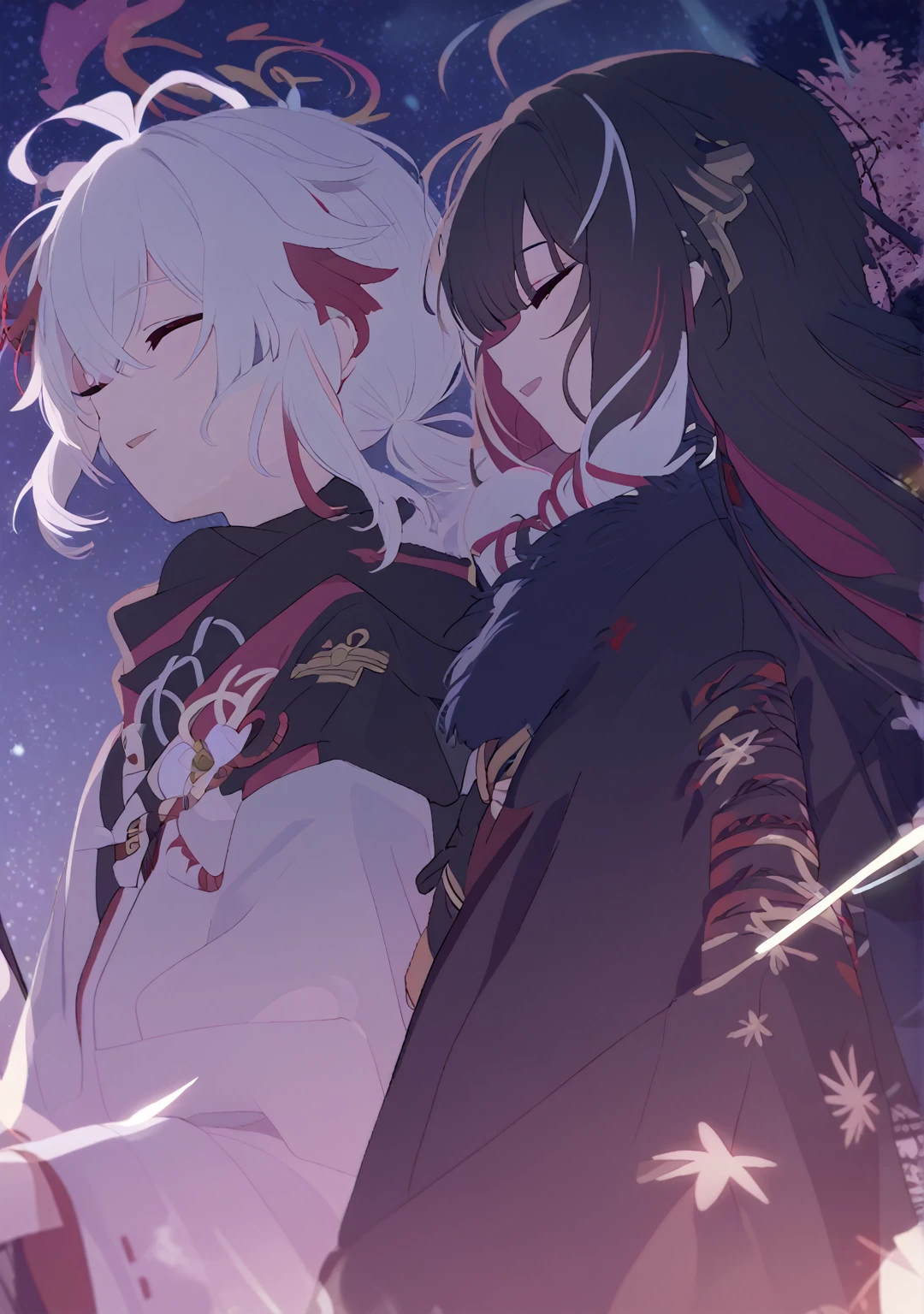 Man and woman couple, couple, walking under the stars, at night, very close, 1 girl, Columbina, multicilor hair, two color hair, colored inner hair, decoration for your hair, black fur, with red outline, closed eyes, 1 chico, Kaedehara Kazuha, white hair with a red streak, hair ornament