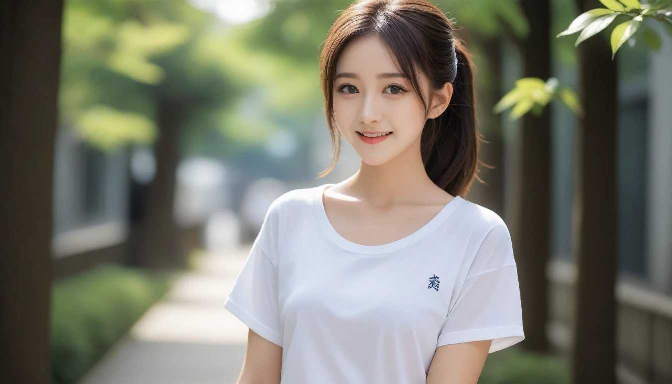 8k, Ultra-high resolution, Highest quality, masterpiece, 三分割法によるphotograph,Surreal, photograph, 1 Girl, (:1.3), pretty girl, Cute Face, Beautiful eyes in every detail, 細かくdetailedに,masterpiece,One Girl:1.2, Japan Female Announcer,full body,smile,Black Hair,Short ponytail,street tree,Urban area,Young Wife,healthy,Sports Bra,oversized white shirt,Shorts,Natural Makeup,sneakers,Tying shoelaces,Captivating thighs,Realistic Skin, Perfect and beautiful face ,完璧でCute Face, Skin with attention to detail, Perfect limbs、Narrow waist、Thin legs),Looking at the audience、beauty,Long neck、(((Ideal body type))),A cup small breasts :2,Portraiture:2,Perfect Anatomy,鮮明なdetailed,detailed,Surreal,Light and shadow,bloom