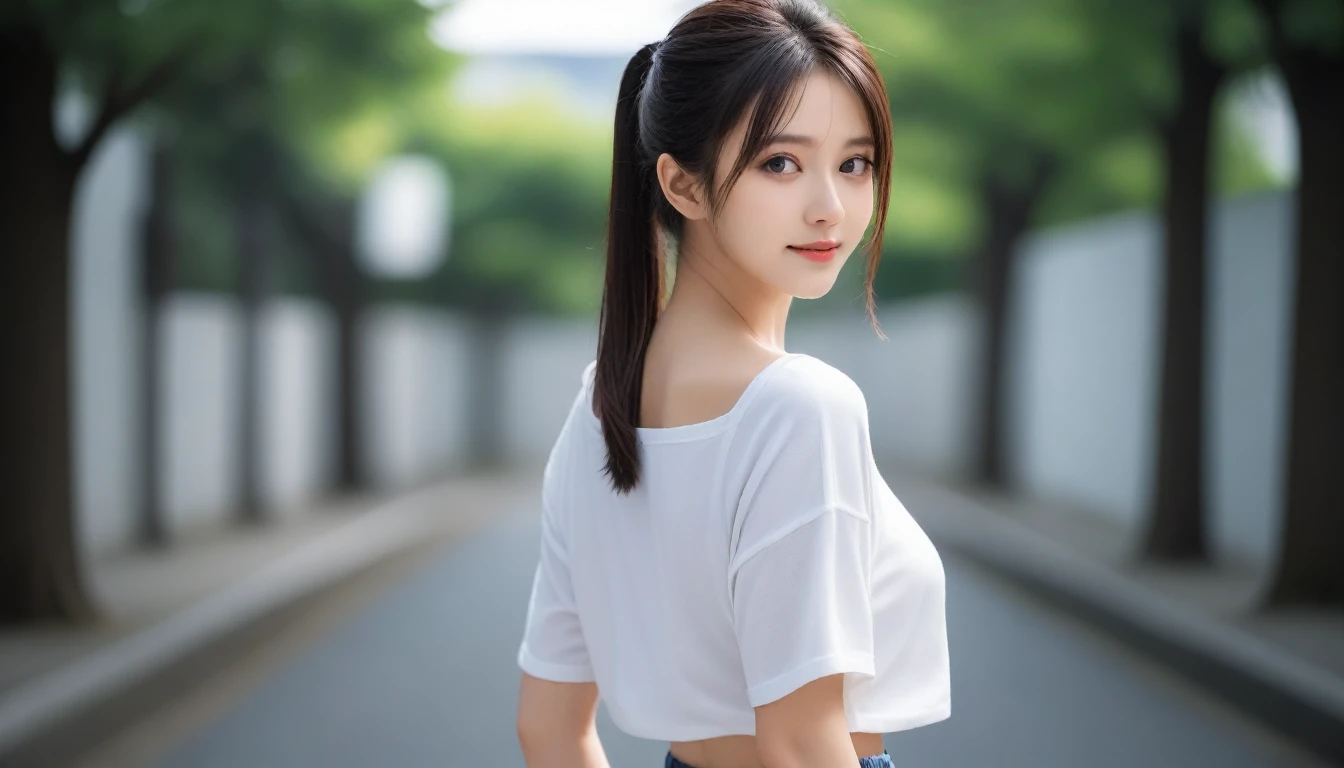 8k, Ultra-high resolution, Highest quality, masterpiece, 三分割法によるphotograph,Surreal, photograph, 1 Girl, (16 years old:1.3), pretty girl, Cute Face, Beautiful eyes in every detail, 細かくdetailedに,masterpiece,One Girl:1.2, Japan Female Announcer,full body,smile,Black Hair,Short ponytail,street tree,Urban area,Young Wife,healthy,Sports Bra,oversized white shirt,Shorts,Natural Makeup,sneakers,Tying shoelaces,Captivating thighs,Realistic Skin, Perfect and beautiful face ,完璧でCute Face, Skin with attention to detail, Perfect limbs、Narrow waist、Thin legs),Looking at the audience、beauty,Long neck、(((Ideal body type))),A cup small breasts :2,Portraiture:2,Perfect Anatomy,鮮明なdetailed,detailed,Surreal,Light and shadow,bloom