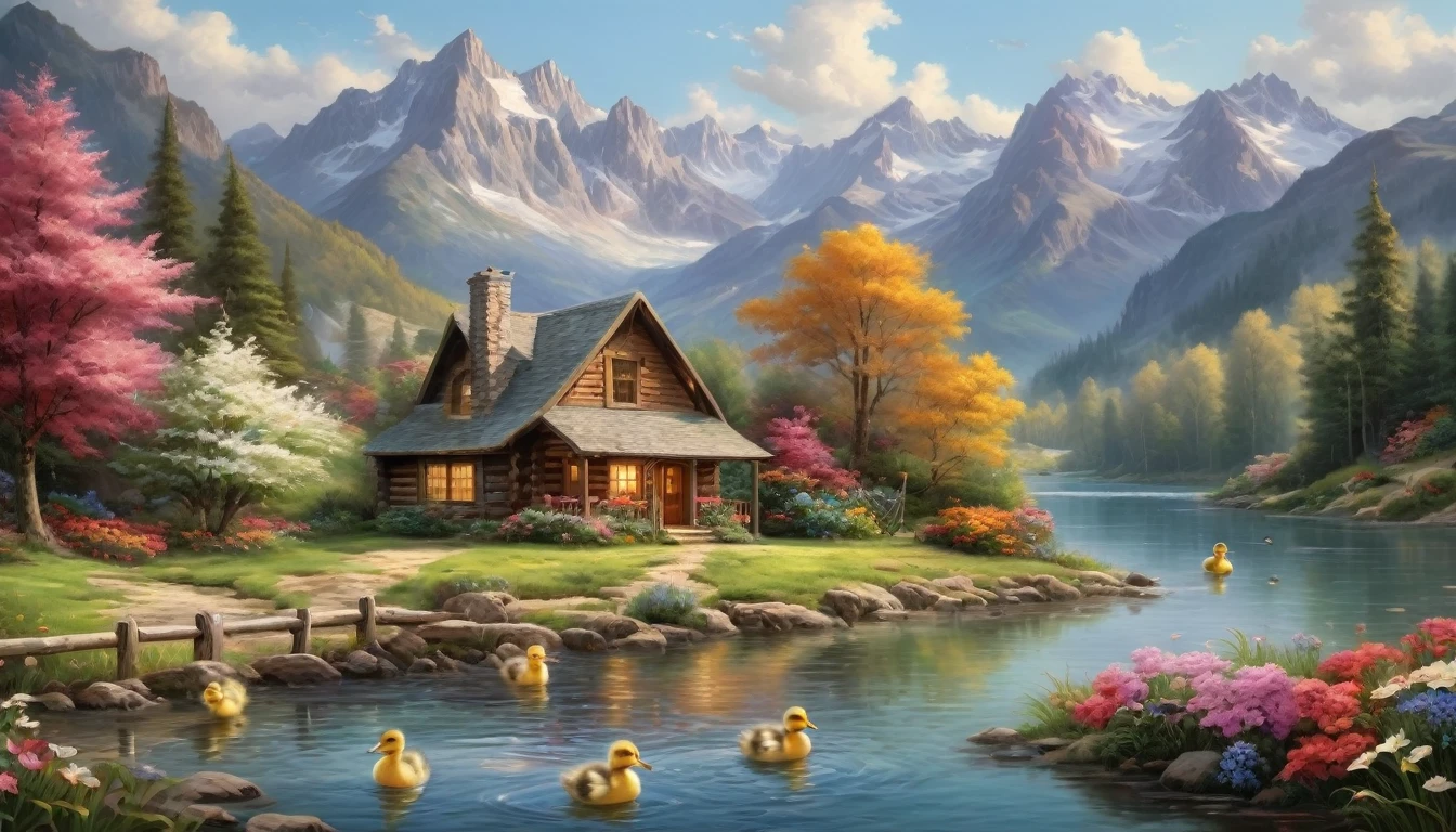 a cabin by a river with a mountain in the background, ((flowers aside of fence, ducklings are in the water,)), peaceful scene, peaceful landscape, in a serene landscape, scenery artwork, highly detailed oil-painting, beautiful oil matte painting, tranquil scene, style of Thomas Kinkade, breathtaking masterpiece of art, dream scenery art, thomas kinkade style painting, 8k high Res, hyper detailed, impasto.