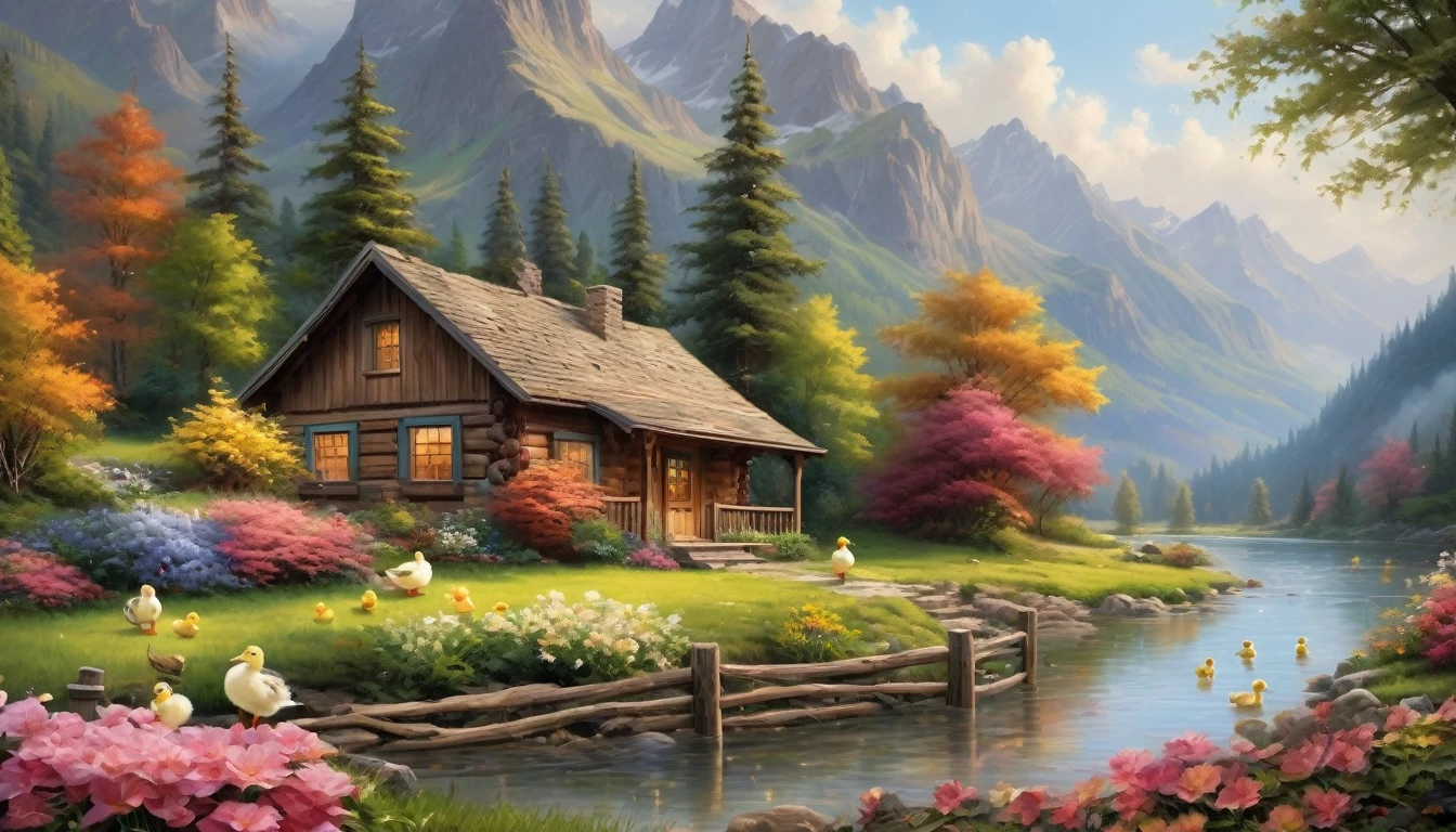 a cabin by a river with a mountain in the background, ((flowers aside of fence, ducklings are in the water,)), peaceful scene, peaceful landscape, in a serene landscape, scenery artwork, highly detailed oil-painting, beautiful oil matte painting, tranquil scene, style of Thomas Kinkade, breathtaking masterpiece of art, dream scenery art, thomas kinkade style painting, 8k high Res, hyper detailed, impasto.