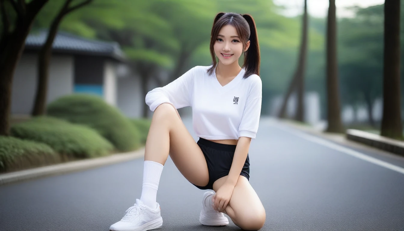 8k, Ultra-high resolution, Highest quality, masterpiece, 三分割法によるphotograph,Surreal, photograph, 1 Girl, (16 years old:1.3), pretty girl, Cute Face, Beautiful eyes in every detail, 細かくdetailedに,masterpiece,One Girl:1.2, Japan Female Announcer,full body,smile,Black Hair,Short ponytail,street tree,Urban area,Young Wife,healthy,Sports Bra,oversized white shirt,Shorts,Natural Makeup,sneakers,Tying shoelaces,Captivating thighs,Realistic Skin, Perfect and beautiful face ,完璧でCute Face, Skin with attention to detail, Perfect limbs、Narrow waist、Thin legs),Looking at the audience、beauty,Long neck、(((Ideal body type))),A cup small breasts :2,Portraiture:2,Perfect Anatomy,鮮明なdetailed,detailed,Surreal,Light and shadow,bloom
