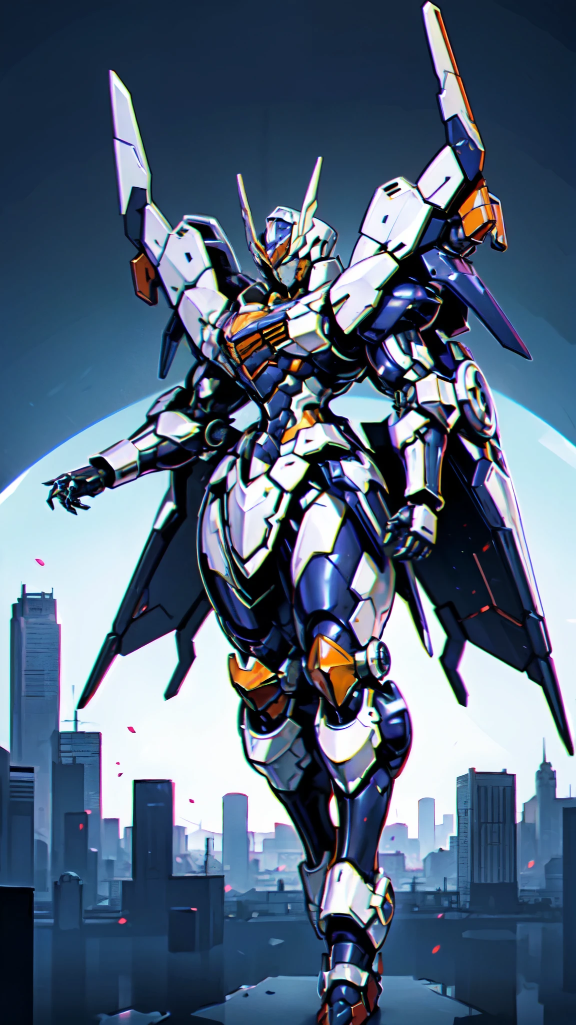 (masterpiece:1.5, best quality:1.5, extremely delicate:1.5), humanoid Mecha, fully enclosed shoulder guards, matching arm and leg guards, full body, full armor, the design balances heavy with agility, (the color scheme is primarily white with red and blue accents, the concept Inspired by Super robot, organic biotech armor, standing, floating high above the futuristic sci-fi city), exquisite and mature art style, (aura effect, energy, glowing eyes, the armor glows), ((RRS:1.2)), metallic, dramatic, high definition, highres, ultra-detailed, ultra-fine painting, professional, perfect body proportions, anatomically correct, symmetrical face, extremely detailed eyes and face, high quality eyes, creativity, RAW photo, UHD, 32k, Natural light, cinematic lighting, masterpiece-anatomy-perfect