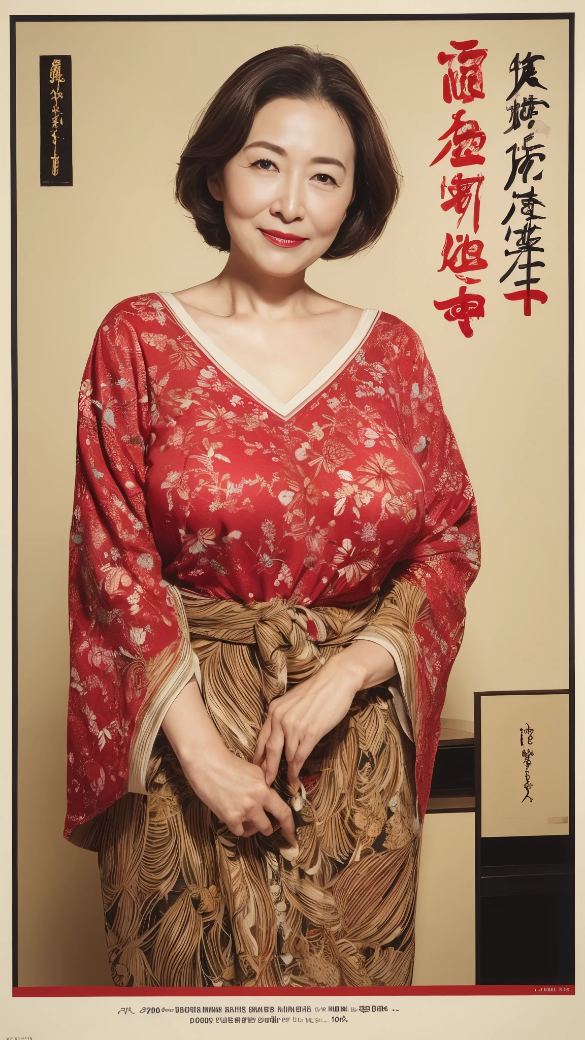 Poster, Mature Woman, Our eyes met, Japanese painting gravure, senior citizen, Draw lips correctly, Red lipstick, No discomfort, 120 years old, 16K, Highest quality, Very detailed, Realistic, Very detailed肌, (Japanese), alone, Large Breasts, Neighborhood Wife, Glamour, sexy, Chromo White Skin, Staring straight ahead,