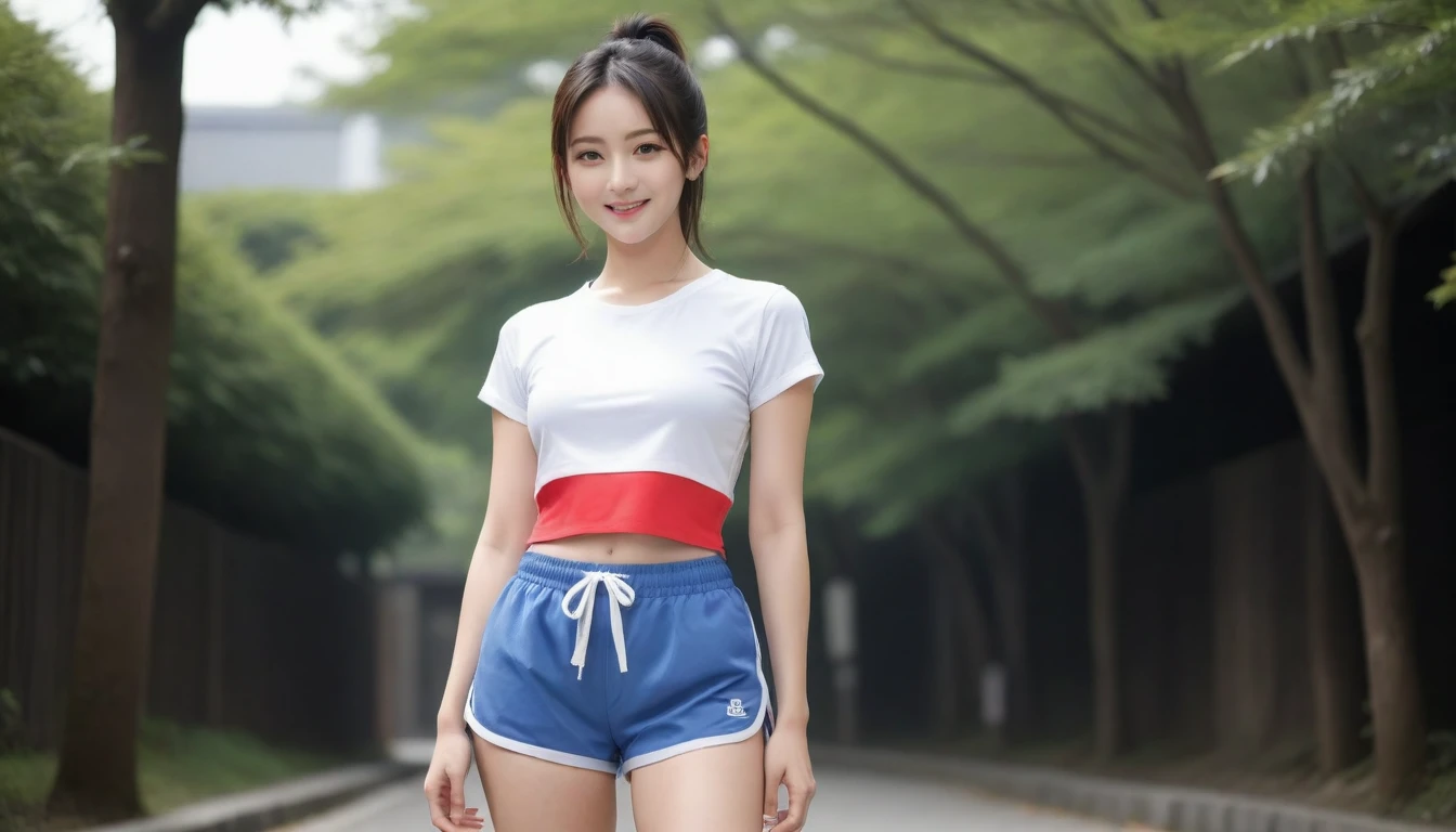 8k, Ultra-high resolution, Highest quality, masterpiece, 三分割法によるphotograph,Surreal, photograph, 1 Girl, (:1.3), pretty girl, Cute Face, Beautiful eyes in every detail, 細かくdetailedに,masterpiece,One Girl:1.2, Japan Female Announcer,full body,smile,Black Hair,Short ponytail,street tree,Urban area,Young Wife,healthy,Sports Bra,oversized white shirt,Shorts,Natural Makeup,sneakers,Tying shoelaces,Captivating thighs,Realistic Skin, Perfect and beautiful face ,完璧でCute Face, Skin with attention to detail, Perfect limbs、Narrow waist、Thin legs),Looking at the audience、beauty,Long neck、(((Ideal body type))),A cup small breasts :2,Portraiture:2,Perfect Anatomy,鮮明なdetailed,detailed,Surreal,Light and shadow,bloom