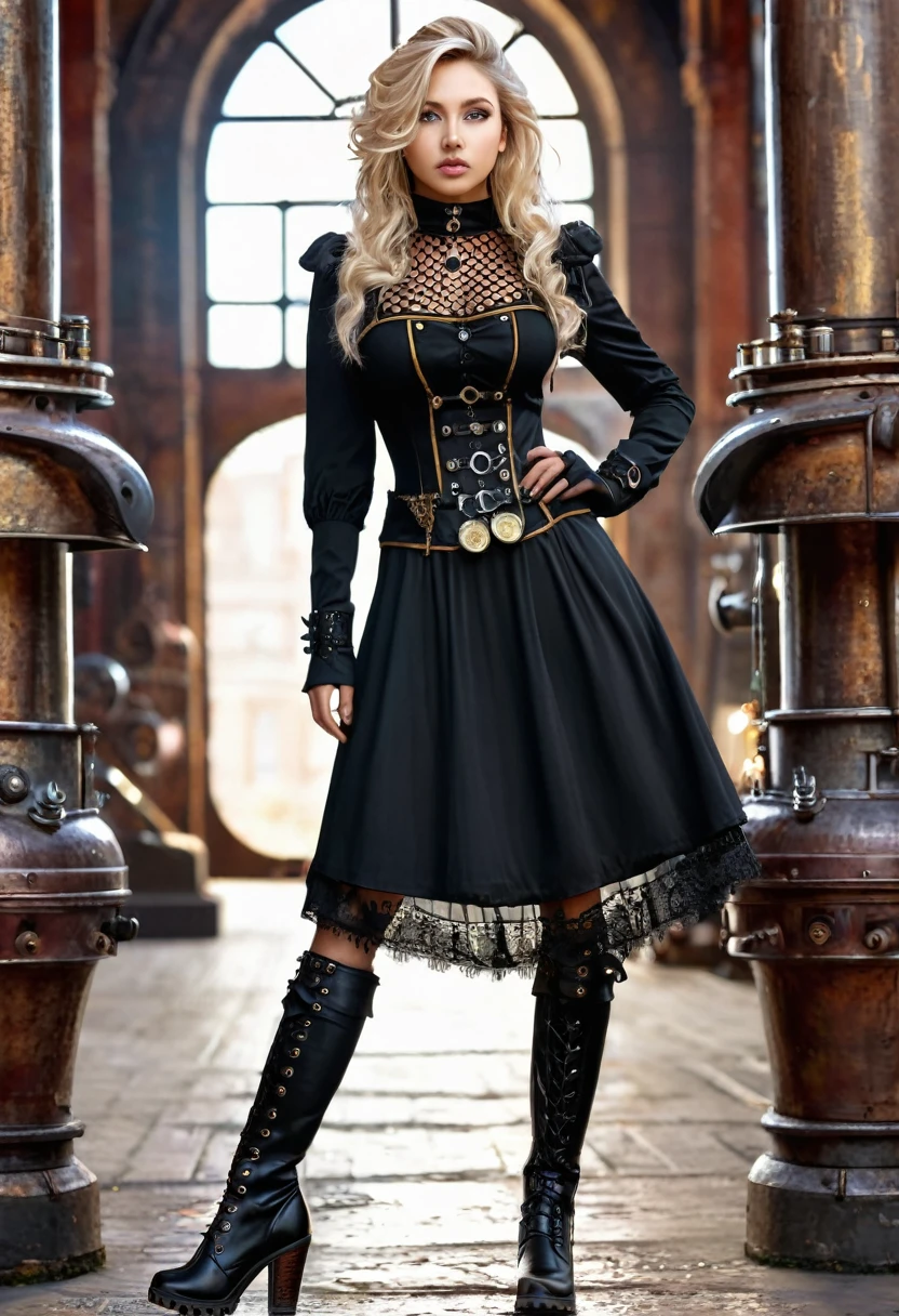 Masterpiece best quality, Ultra high resolution, 4K detailed CG (Adriana Malkova 1.0) bright eyes, blond hair, Steampunk dress with many details, with black splitoff mesh dress and boots,
