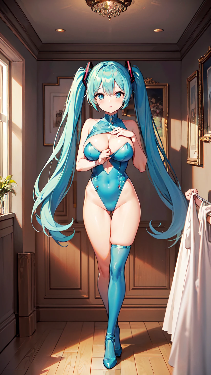 Hatsune Miku VOCALOID、Twin tails、Light blue hair、Light blue eyes、Sexy Leotard、Long gloves、Black Stockings、((Big Breasts、Open your chest wide、valley、happiness、thin、Expressionless、))high quality、Beautiful art、background((Inside the room))、Tabletop、Exquisite design、Visual Arts、Concept Artist、Five Fingers, Perfect body, {{{masterpiece}}}, {{{最high quality}}}, {{Very detailed}}, {shape}, {{Very delicate and beautiful}},Improved cost performance、All Roles、Canon 5D MK4でphotograph、photograph,