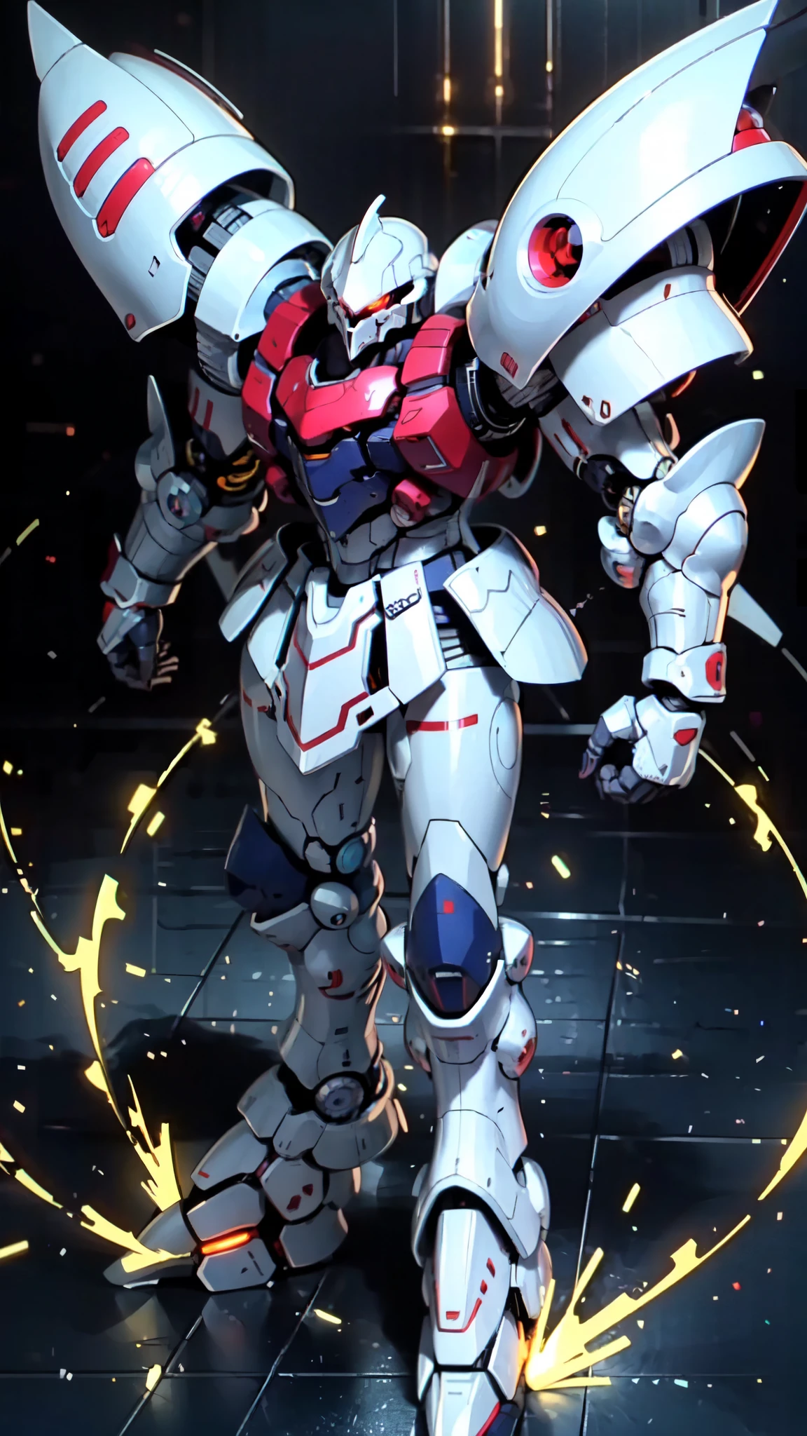 (masterpiece:1.5, best quality:1.5, extremely delicate:1.5), humanoid Mecha, fully enclosed shoulder guards, matching arm and leg guards, full body, full armor, the design balances heavy with agility, (the color scheme is primarily white with red and blue accents, the concept Inspired by Super robot, organic biotech armor, standing, floating high above the futuristic sci-fi city), exquisite and mature art style, (aura effect, energy, glowing eyes, the armor glows), ((RRS:1.2)), metallic, dramatic, high definition, highres, ultra-detailed, ultra-fine painting, professional, perfect body proportions, anatomically correct, symmetrical face, extremely detailed eyes and face, high quality eyes, creativity, RAW photo, UHD, 32k, Natural light, cinematic lighting, masterpiece-anatomy-perfect