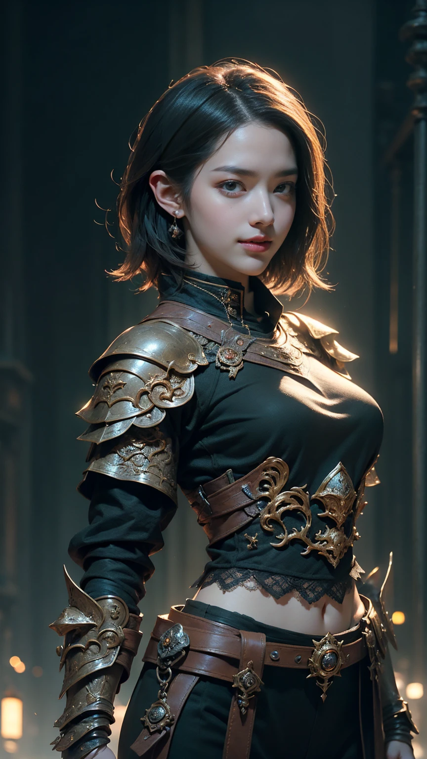((Front facing)), Game art,The best picture quality,Highest resolution,32K,(A bust photograph),(Portrait),(Head close-up),(Rule of thirds),Unreal Engine 5 rendering works, (The Girl of the Future),(Female Warrior), 20-year-old girl, elegant smile, short hair, ((Hunter)),An eye rich in detail,(Big breasts),Elegant and noble,indifferent,brave, (Medieval-style fur combat clothing, sexy lace top,Glowing magic lines,Animal skin clothing with rich detailedieval Lady Knight,Medieval ranger, photo poses,simple background,Movie lights,Ray tracing,Game CG,((3D Unreal Engine)),OC rendering reflection pattern