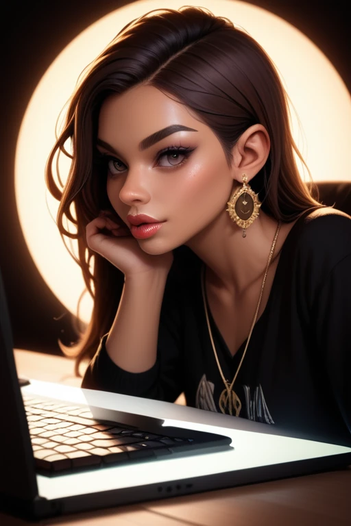 Tall hispanic woman with expressive hazel eyes and long wavy dark brown hair; warm olive skin;  hourglass build; ("heart-shaped-face" with full lips); ample bosom; wearing casual clothes; best quality; trending on artstation; dark room with complex volumetric lighting; strong shadows; artistic lighting; dynamic; energetic vibe; realistic skin; specular highlights; micro-textures; highly detailed hair; sitting behind computer screens as a hacker.