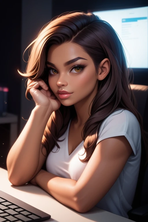 Tall hispanic woman with expressive hazel eyes and long wavy dark brown hair; warm olive skin; hourglass build; ("heart-shaped-face" with full lips); ample bosom; wearing casual clothes; best quality; trending on artstation; dark room with complex volumetric lighting; strong shadows; artistic lighting; dynamic; energetic vibe; realistic skin; specular highlights; micro-textures; highly detailed hair; sitting behind computer screens as a hacker.