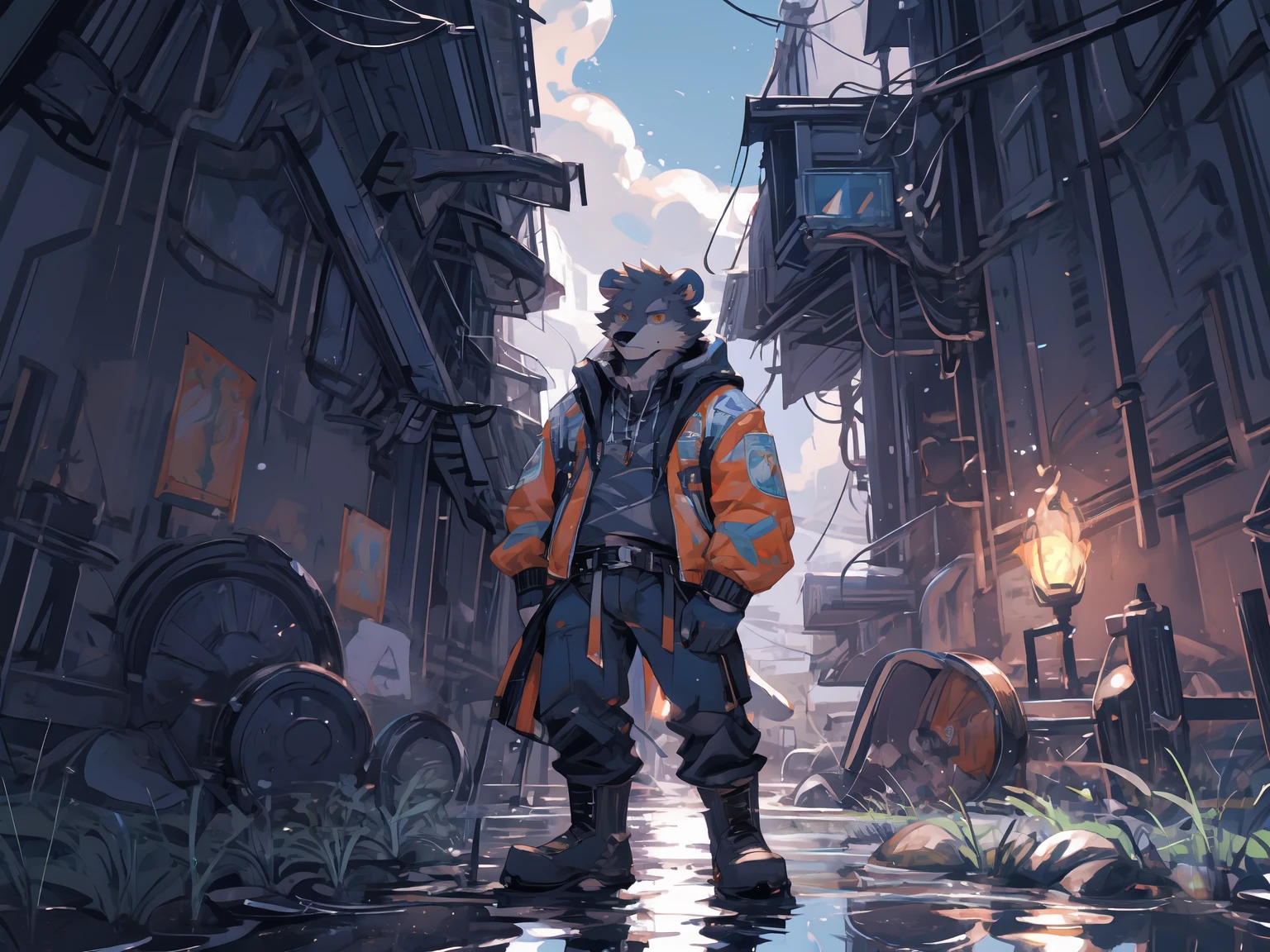 (masterpiece:1.2), best quality,pixiv,official art,perfect anatomy, (Ray tracing, light),solo, (1_male:1.3) , (muscle), (grey fur:1.4), (muscle bear), (beard:1.2), (gleaming golden eyes), bear tail, full body, Thick black eyebrows, (open short hoodie), (naked inside),Ripped short jeans, black short boots, (on the water surface:1.3), (Salar de Uyuni:1.3), Reflection, reflect sky, wide ,cloudy,outside, (less building:1.3)