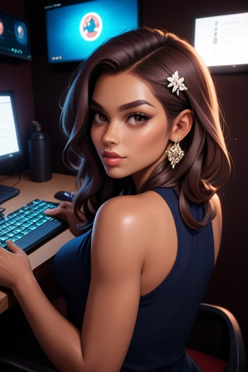 Tall hispanic woman with expressive hazel eyes and long wavy dark brown hair; warm olive skin;  hourglass build; ("heart-shaped-face" with full lips); ample bosom; wearing casual clothes; best quality; trending on artstation; dark room with complex volumetric lighting; strong shadows; artistic lighting; dynamic; energetic vibe; realistic skin; specular highlights; micro-textures; highly detailed hair; sitting behind computer screens as a hacker.