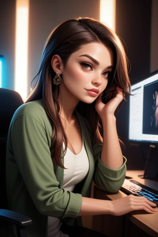Tall hispanic woman with expressive hazel eyes and long wavy dark brown hair; warm olive skin; hourglass build; ("heart-shaped-face" with full lips); ample bosom; wearing casual clothes; best quality; trending on artstation; dark room with complex volumetric lighting; strong shadows; artistic lighting; dynamic; energetic vibe; realistic skin; specular highlights; micro-textures; highly detailed hair; sitting behind computer screens as a hacker.