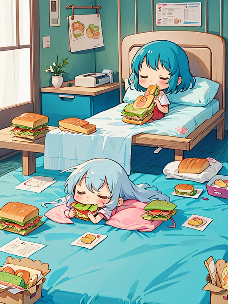 hayao miyazaki style, Kawaii Design, The most beautiful girl of all time、chibi, (((Eat a sandwich))), Hospital bed, Lots of girls sleeping