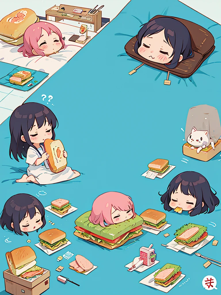 hayao miyazaki style, Kawaii Design, The most beautiful girl of all time、chibi, (((Eat a sandwich))), Hospital bed, Lots of girls sleeping
