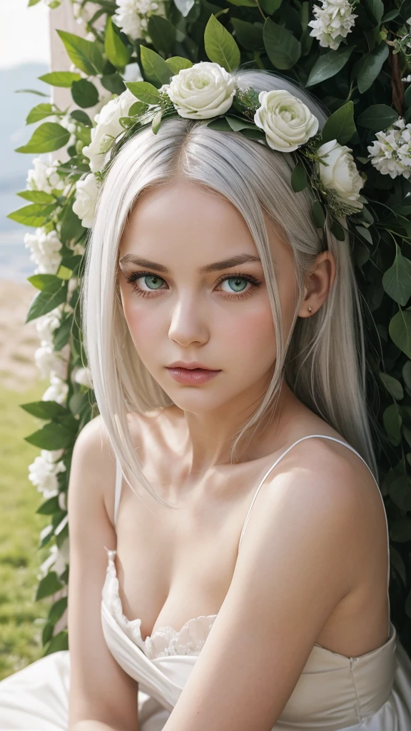 a girl.  face sent feeling.  Europe.  Oval face.  long face.  delicate facial features.  sad eyes.  seductively seductive.  green eyes.  platinum white hair.  wreath on head.  Sad and disappointed expression.  big body.  wear a simple dress.  shy sitting posture.  outdoor