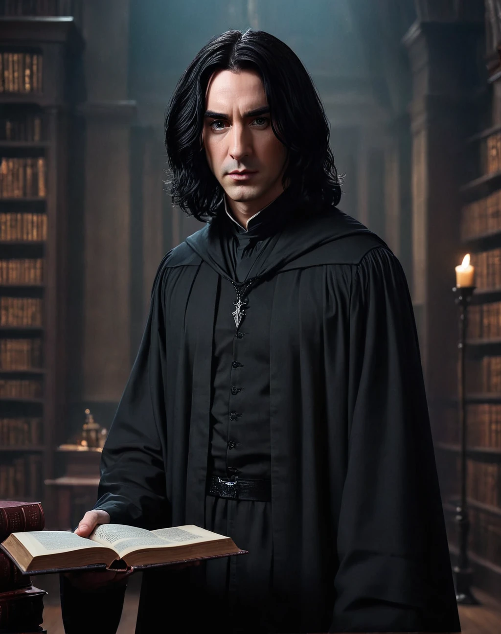 a young severus snape with long black hair,piercing dark eyes,pale skin,in a dark academic robe,casting a spell with an angry expression,detailed face,detailed clothing,moody dramatic lighting,dark wizardry,old dusty book,dark academia,intricate details,cinematic composition,dramatic shadows,muted color palette,fantasy magical realism