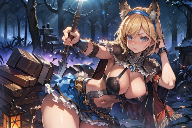 orcnive, ((((Surrounded by oak)))), Battle Scenes,
Motion Blur,Wielding a giant axe,Twist your body,Battle pose,Spread your legs wide,Leg spread,anger,shout,wolf headgear,Smash with an axe,Attack Motion,
djeeta,Zeta,One Girl,Blonde,Shiny Hair,short hair,hair band,Brown eyes,teenage,cute,
very shiny 肌,Shiny body,plastic glitter 肌,exaggerated shiny 肌,illuminated 肌,
(Huge breasts, Glamour:1.1),(Huge hips),Tight waist,Long legs,curve,Cleavage,erotic,Bold,Revealing clothing,show 肌,
(Realistic eyes, Natural skin texture, Realistic facial details),
High resolution,Sharp focus,(Super detailed,Very detailed),(Very detailed CG unity 8k wallpaper),(((Vibrant colors))),{best illustration},
Beautiful Eyes,Symmetrical eyes,Big eyes:1.5,Seductive eyes,((complete anatomy)),Perfect Fingers,
 　djeetawolf, wolf costume, headband,White mini skirt,(wolf headgear), Battleaxe,
Cowboy Shot,
Mysterious underground labyrinth,A lantern that emits a soft glow,Dangerous Dungeon,dark,Mossy wall,Cracked cobblestones,Mysterious atmosphere,Medieval European style,