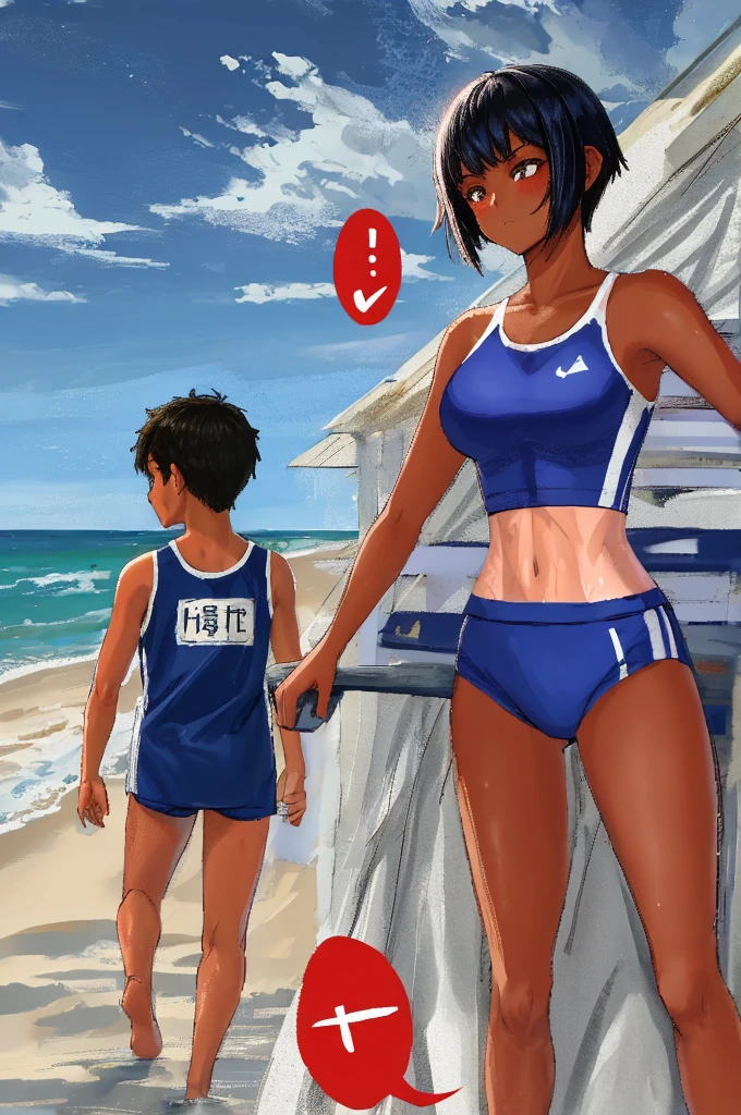 (best quality, high quality, ultra quality, Absurd:1.5), One girl, 10_years_ old, fighter, (Black Hair, Pixie Cut, Sunburn, Sunburnlines, Dark skinned women, Dark Skin:1.3), (gigantic 胸), Dark blue school swimsuit, Outdoor, sunset, beach, (ass pov), (Dutch angle:1.2),