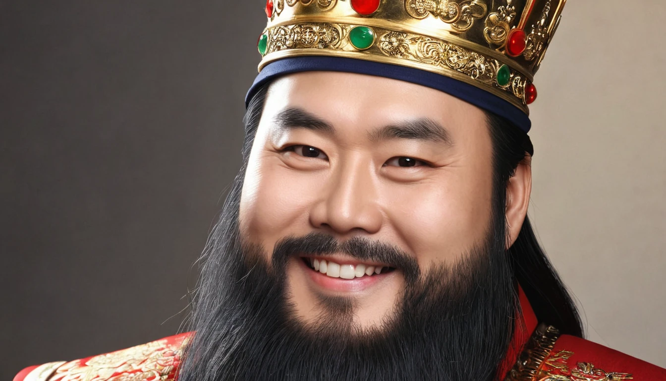 Close-up：One with a beard、Man with a crown, Portraits inspired by Huang Shen, cg Social Hotspot, Under the Art, guan yu, bian lian, heise jinyao, Liang Xing, feng shu, kuang hong, Genghis Khan, Yang Qi, photo of , hua cheng，Dong Zhuo,obesity,Smile