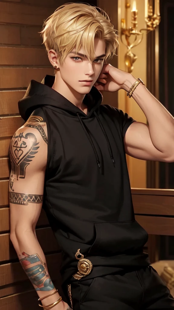 Handsome young man, blond, Orange Eyes, short hair, Black Hoodie,high quality, Draw Amount, pixiv illustrations,Egyptian Dress Up,Gold Jewelry,Tanned skin,Red tattoo on the arm