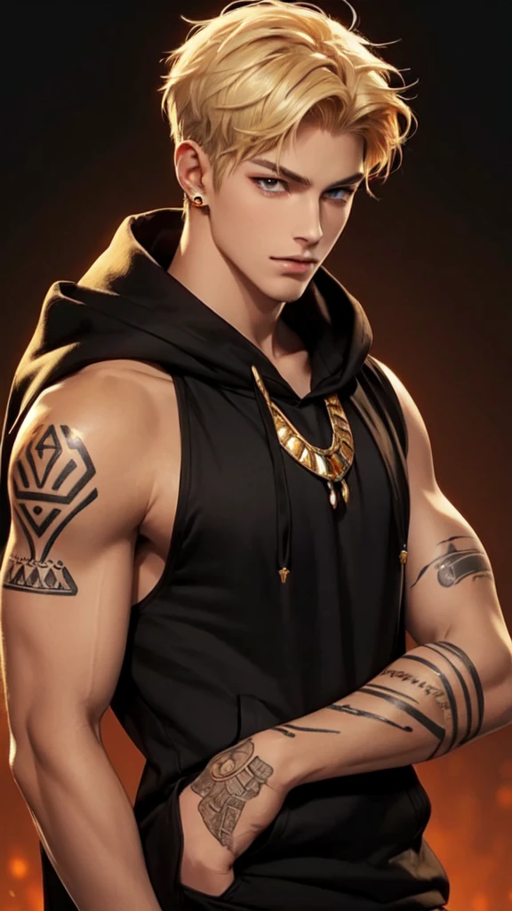 Handsome young man, blond, Orange Eyes, short hair, Black Hoodie,high quality, Draw Amount, pixiv illustrations,Egyptian Dress Up,Gold Jewelry,Tanned skin,Red tattoo on the arm
