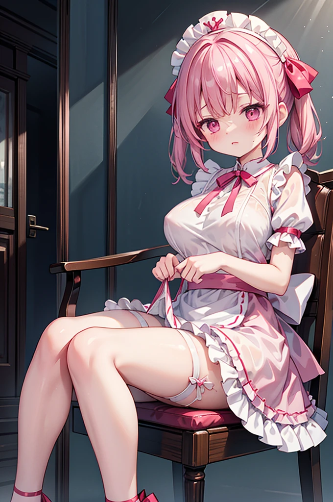 Highest quality、Shiny silk short sleeve puff sleeve pink maid outfit、See-through、Very short skirt、Fluffy red ribbon、A short white ruffled apron、White garter belt with ribbon、Pink high heels with ribbon、Large headband with ribbon、Flushed Cheeks、Embarrassed look、panic、panic、Soaking wet、Strong winds、Big Breasts、Stretch out on a chair、Facing forward、Looking up from below