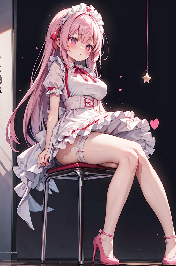 Highest quality、Shiny silk short sleeve puff sleeve pink maid outfit、See-through、Very short skirt、Fluffy red ribbon、A short white ruffled apron、White garter belt with ribbon、Pink high heels with ribbon、Large headband with ribbon、Flushed Cheeks、Embarrassed look、panic、panic、Soaking wet、Strong winds、Big Breasts、Stretch out on a chair、Facing forward、Looking up from below