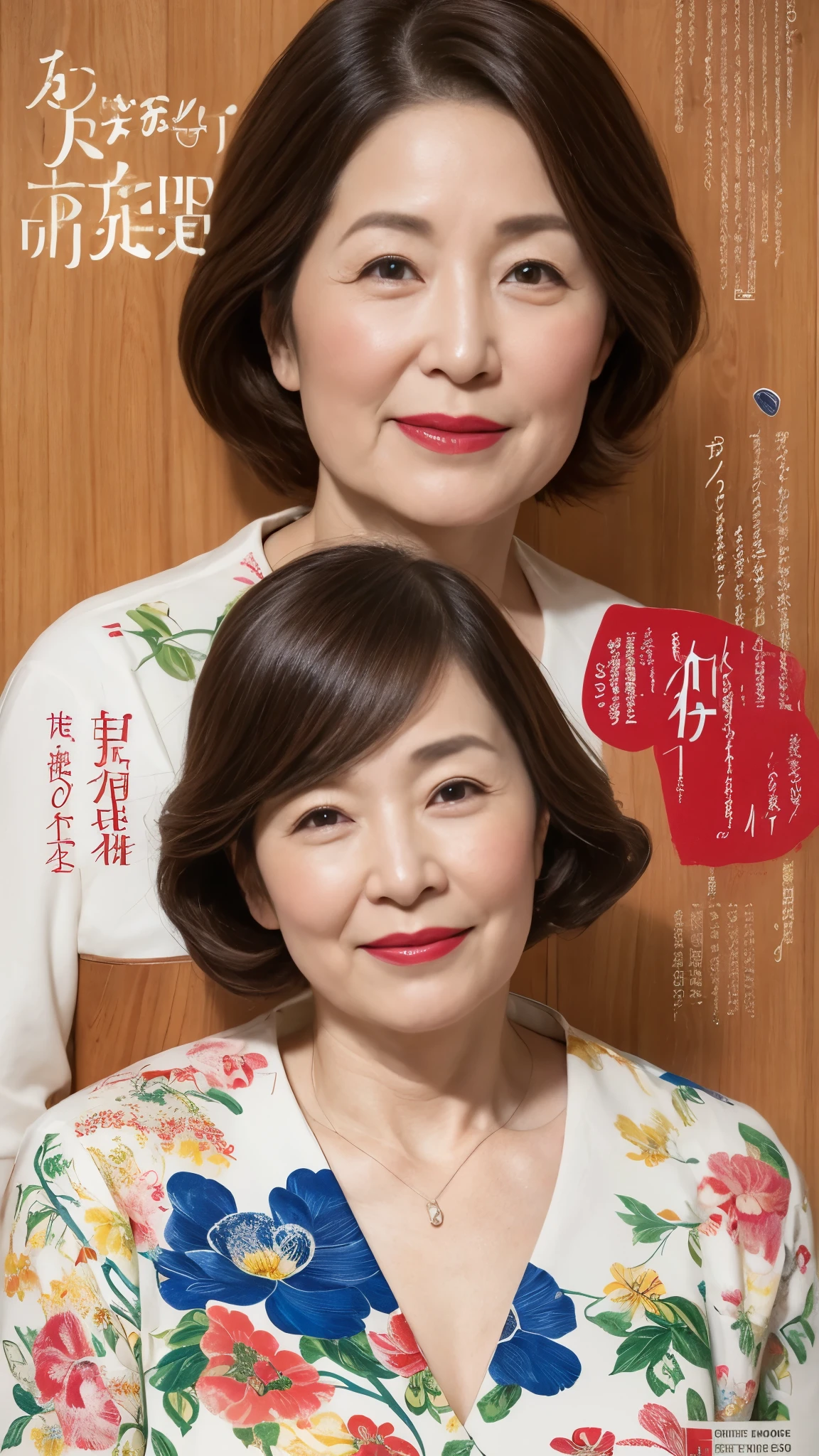 Poster, Mature Woman, Our eyes met, Japanese painting gravure, senior citizen, Draw lips correctly, Red lipstick, No discomfort, 120 years old, 16K, Highest quality, Very detailed, Realistic, Very detailed肌, (Japanese), alone, Large Breasts, Neighborhood Wife, Glamour, sexy, Chromo White Skin, Staring straight ahead,
