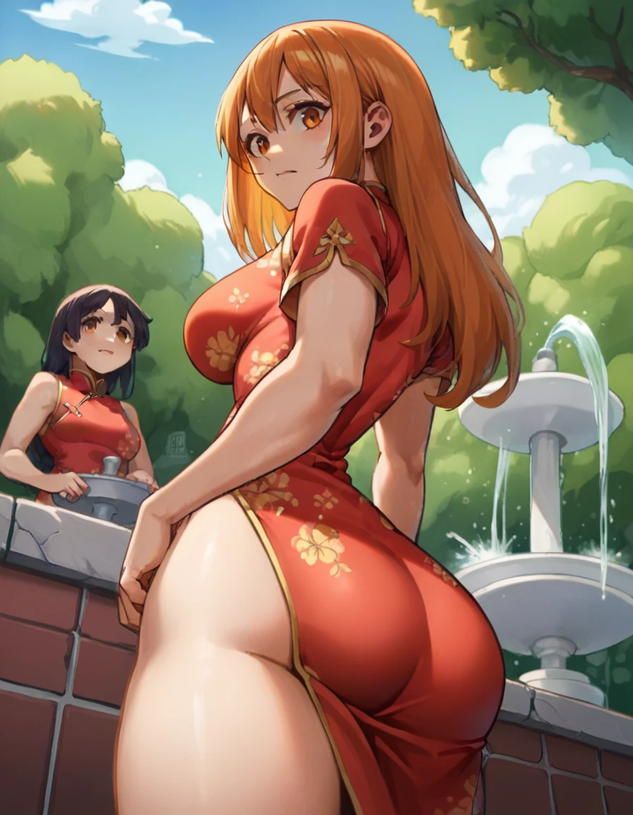 punctuation_9, punctuation_8_High above, fountain_アニメ, best qualityer, us, NAAmi, hair orange, orange eyes, long hair, breasts big, standing, looking ahead at viewer, chinese dress, Red clothing, ssmile, hinterland, cowboy shot, low angle, from behind, big-ass