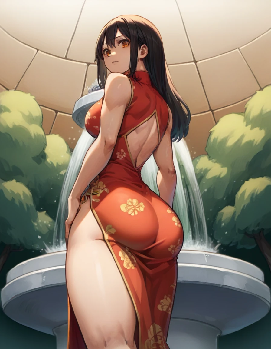 punctuation_9, punctuation_8_High above, fountain_アニメ, best qualityer, us, NAAmi, hair orange, orange eyes, long hair, breasts big, standing, looking ahead at viewer, chinese dress, Red clothing, ssmile, hinterland, cowboy shot, low angle, from behind, big-ass