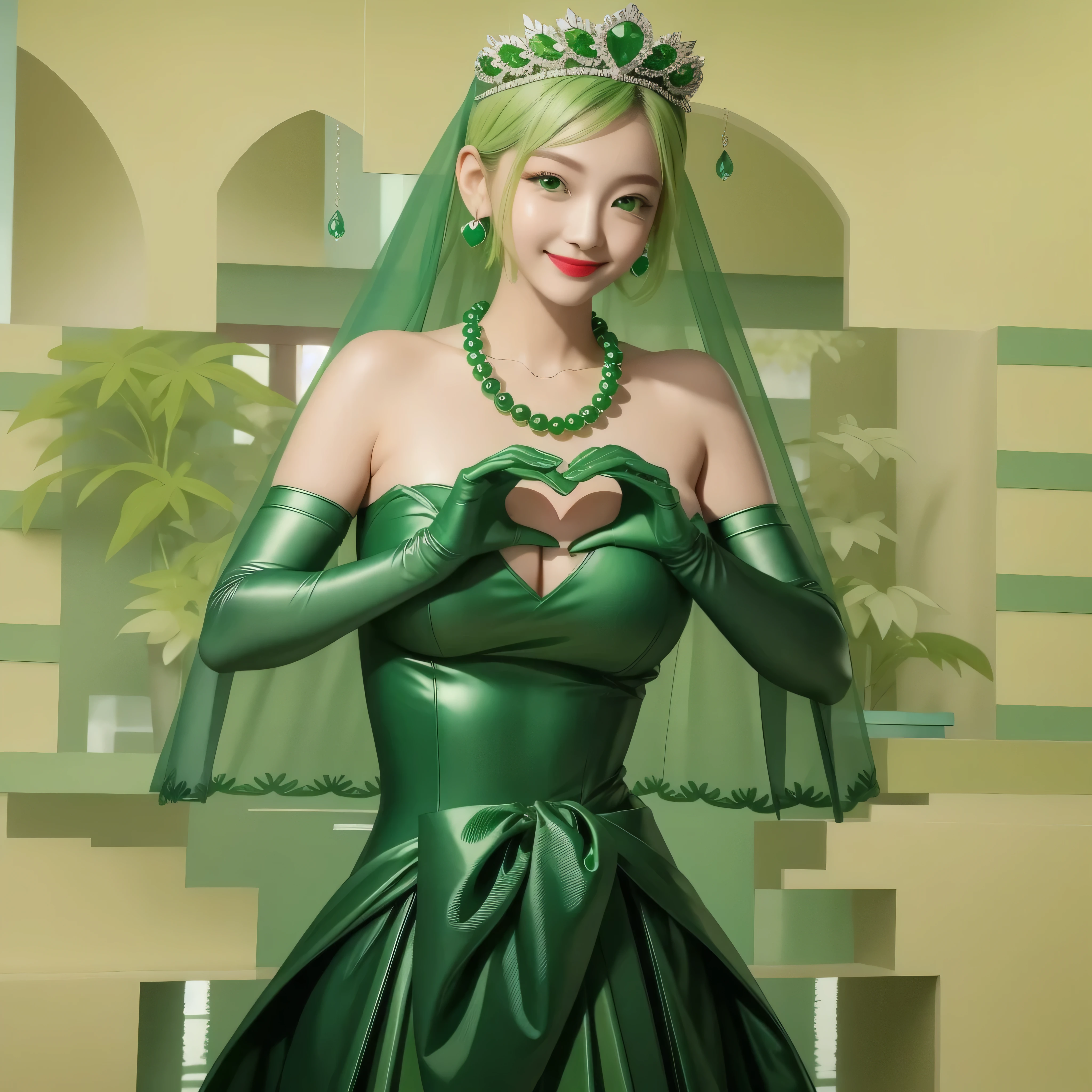emerald tiara, Green Pearl Necklace, Boyish very short green hair, Green Lips, Smiling Japanese woman, Very short hair, beautiful lady, Green Eyes, Green satin long gloves, Green Eyes, Emerald Earrings, Green veil, Heart with both hands, Green Hair, Beautiful Japanese Woman, Heart shaped hands:1.3, green lip gloss