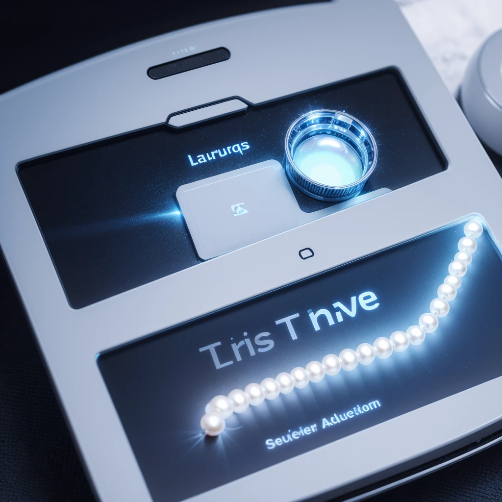 Create a technology logo with the name LAURS , that has an on and off button lit in blue, use silver colors, pearl blue and white