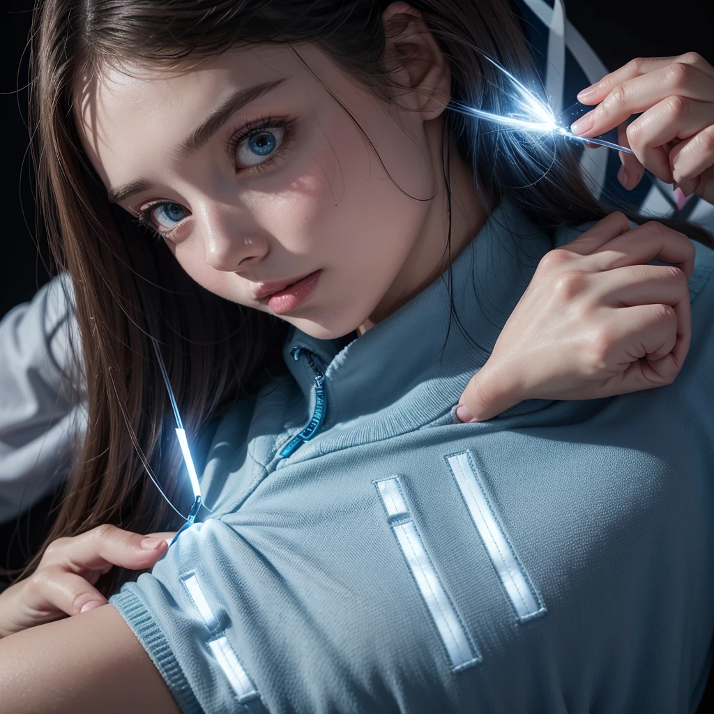 Create a technology logo with the name LAURS , that has an on and off button lit in blue, use silver colors, pearl blue and white