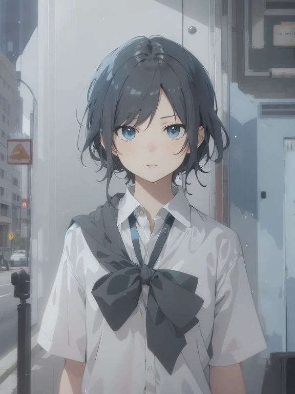 Blue eyes standing in front of the bus、Anime girl with a red bow tie, Anime visuals of cute girls, expressionless face, Smooth anime CG art, Anime cute art style, Artwork in the style of Guweiz, An anime girl, Anime style 4K, Anime Art Wallpaper 4K, anime art wallpaper 4k, 4k anime wallpaper, anime art wallpaper 8 k