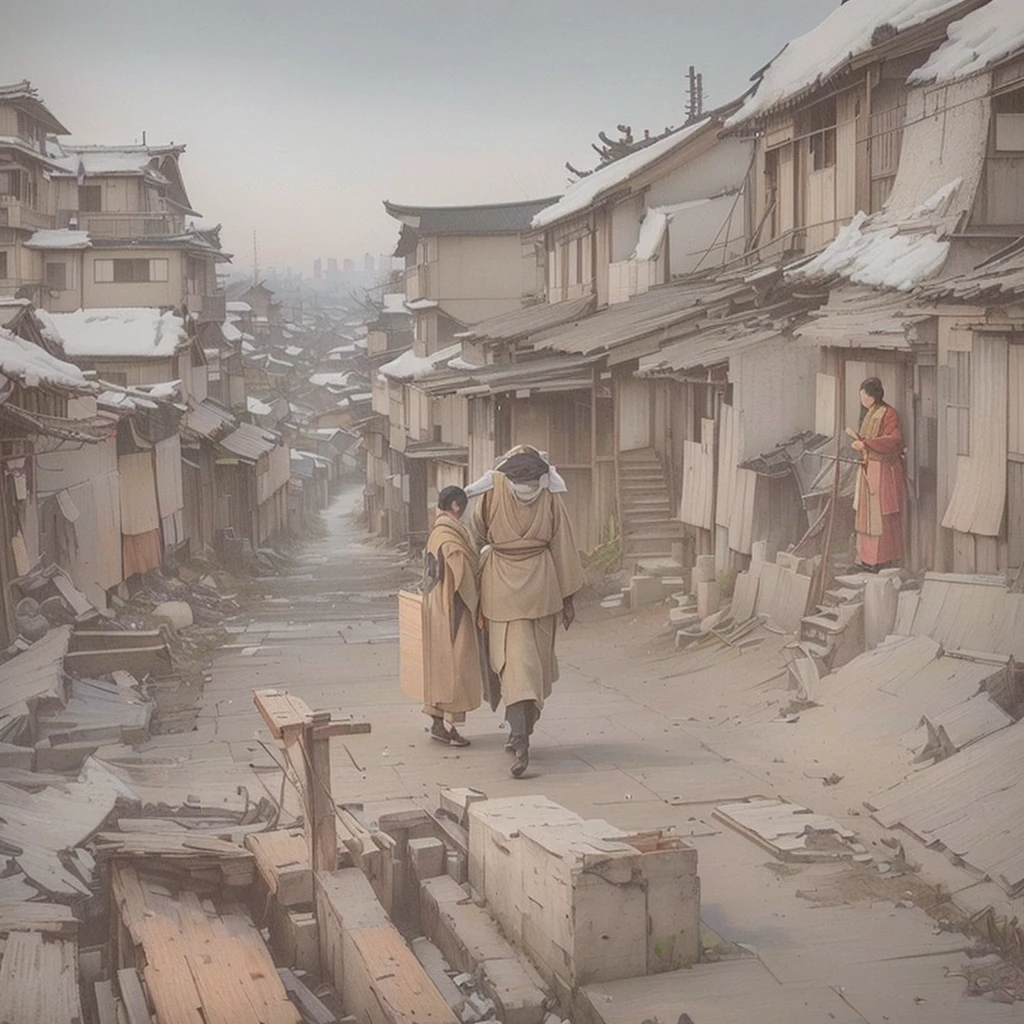 There are many people walking around in a city with many buildings., Slums, Ruan Jian, Inspired by Anton Piek, Slumss, background is a Slums, Foggy Ghost Town, Desolate. Digital Illustration, Dusty environment, Dreamy city in China, by Kamisaka Sekka, dystopian Slumss, By Clément Cerbaud, by Li ZaiBlazing flames, fire, crowd, throng, freezing, mother warming her baby.Scenery and Cityscape in the Early Meiji Era After the Meiji Restoration, Japan underwent rapid modernization and civilization. Consequently, many changes and reforms occurred. Below is a detailed explanation of the scenery, appearance of the poor, occupations, and cityscapes in the early Meiji period (1868 to the early 1880s). 2. Appearance of the Poor Life for the impoverished and lower classes remained harsh. In particular, in urban areas, people migrated from rural areas or unemployed artisans gathered, intensifying competition in the labor market. Many of them struggled with poverty, often residing in slums or around temples. 3. Occupations Meiji early Japan witnessed a diversification of occupations. Traditional agriculture and handicrafts were accompanied by the rise of modern industry and commerce. Particularly in urban areas, factory workers, shop clerks, and transporters increased, giving rise to new professions. However, many in these occupations endured harsh working conditions. 4. Influence of Civilization and Enlightenment During the Meiji era, Western cultural influences spread rapidly. Changes in clothing, dietary habits, and the proliferation of Western-style architecture advanced, especially in urban areas. Conversely, this development posed a threat to traditional culture and lifestyles, resulting in societal upheaval and adaptation challenges. 5. Social Change and Policy Influence While promoting modernization policies, the government also addressed poverty and social issues. Legislation for labor protection and charitable activities to aid the poor were implemented. Nevertheless, living conditions for the impoverished scarcely improved. The early Meiji period marked a rapid transformati