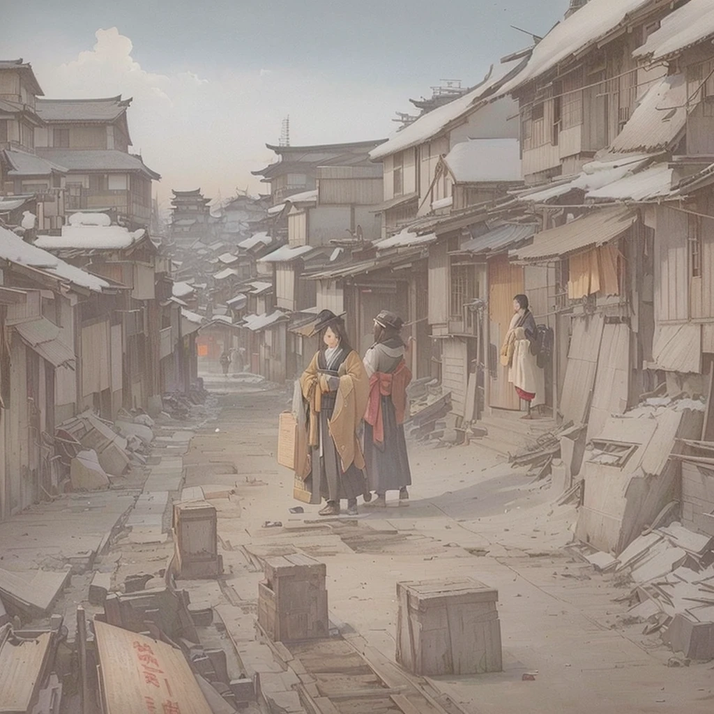 There are many people walking around in a city with many buildings., Slums, Ruan Jian, Inspired by Anton Piek, Slumss, background is a Slums, Foggy Ghost Town, Desolate. Digital Illustration, Dusty environment, Dreamy city in China, by Kamisaka Sekka, dystopian Slumss, By Clément Cerbaud, by Li ZaiBlazing flames, fire, crowd, throng, freezing, mother warming her baby.Scenery and Cityscape in the Early Meiji Era After the Meiji Restoration, Japan underwent rapid modernization and civilization. Consequently, many changes and reforms occurred. Below is a detailed explanation of the scenery, appearance of the poor, occupations, and cityscapes in the early Meiji period (1868 to the early 1880s). 2. Appearance of the Poor Life for the impoverished and lower classes remained harsh. In particular, in urban areas, people migrated from rural areas or unemployed artisans gathered, intensifying competition in the labor market. Many of them struggled with poverty, often residing in slums or around temples. 3. Occupations Meiji early Japan witnessed a diversification of occupations. Traditional agriculture and handicrafts were accompanied by the rise of modern industry and commerce. Particularly in urban areas, factory workers, shop clerks, and transporters increased, giving rise to new professions. However, many in these occupations endured harsh working conditions. 4. Influence of Civilization and Enlightenment During the Meiji era, Western cultural influences spread rapidly. Changes in clothing, dietary habits, and the proliferation of Western-style architecture advanced, especially in urban areas. Conversely, this development posed a threat to traditional culture and lifestyles, resulting in societal upheaval and adaptation challenges. 5. Social Change and Policy Influence While promoting modernization policies, the government also addressed poverty and social issues. Legislation for labor protection and charitable activities to aid the poor were implemented. Nevertheless, living conditions for the impoverished scarcely improved. The early Meiji period marked a rapid transformati