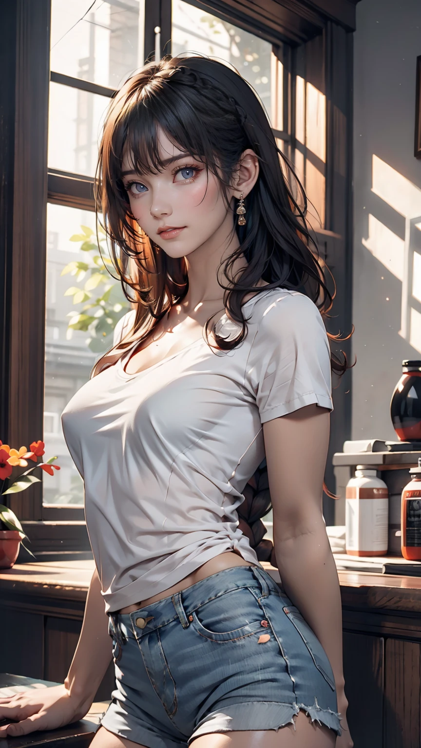 Realistic, High resolution, 1 girl, White Wavy Hair, heterochromatic eyes, Small mole under eye, Loose white shirt, Skinny denim shorts, Large Breasts, Thighs, A masterpiece where you can see the underwear, realism、24-year-old female、Sexy proportions、erotic、Long eyelashes、Long neck、slender limbature female body、Deco bangs((bangs pinned back))、Side braids((side braid))