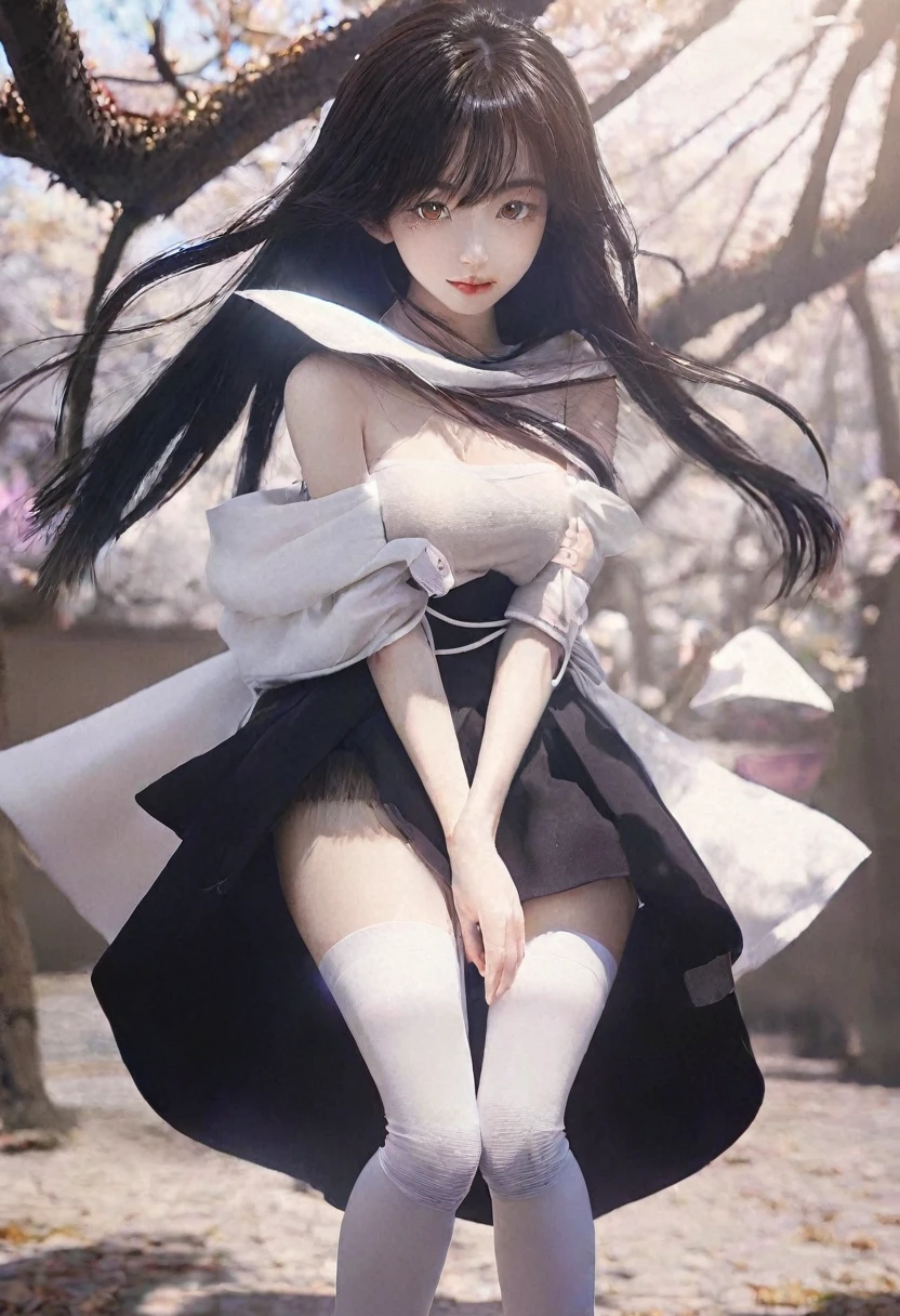 ((((Obra maestra, La mejor calidad, ultrahigh resolution)))), 1girl, happy, standing, (((doll knees, doll elbows, ((doll joints:1.2, action figure limbs:1.2, segmented body))), [mechanical body], (segmented waist), (doll waist), (black hair, dark black hair over eye:1), long hair cut, pale skin, ((brown eyes)), ((glowing_eyes)), (((ultra detailed eyes:0.7, beautiful and detailed face, detailed eyes:0.9))), ((centered)), (wide shot), facing viewer, (((outdoors, darkness, falling leaves:0.9))), medium breasts, looking at viewer, ((half closed eyes)), ((perfect hands)), (((head:1, arms, hips in view, elbows, thighs, in view))), ((hands at sides)), lively eyes, beautiful lighting, outside, outdoors, background, ((defined subject)), 25 years old, (head tilt), (((cool))), ((lively)), (((high contrast)))