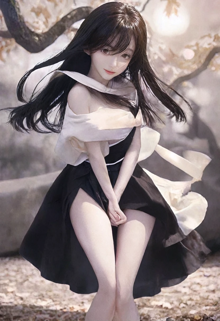 ((((Obra maestra, La mejor calidad, ultrahigh resolution)))), 1girl, happy, standing, (((doll knees, doll elbows, ((doll joints:1.2, action figure limbs:1.2, segmented body))), [mechanical body], (segmented waist), (doll waist), (black hair, dark black hair over eye:1), long hair cut, pale skin, ((brown eyes)), ((glowing_eyes)), (((ultra detailed eyes:0.7, beautiful and detailed face, detailed eyes:0.9))), ((centered)), (wide shot), facing viewer, (((outdoors, darkness, falling leaves:0.9))), medium breasts, looking at viewer, ((half closed eyes)), ((perfect hands)), (((head:1, arms, hips in view, elbows, thighs, in view))), ((hands at sides)), lively eyes, beautiful lighting, outside, outdoors, background, ((defined subject)), 25 years old, (head tilt), (((cool))), ((lively)), (((high contrast)))