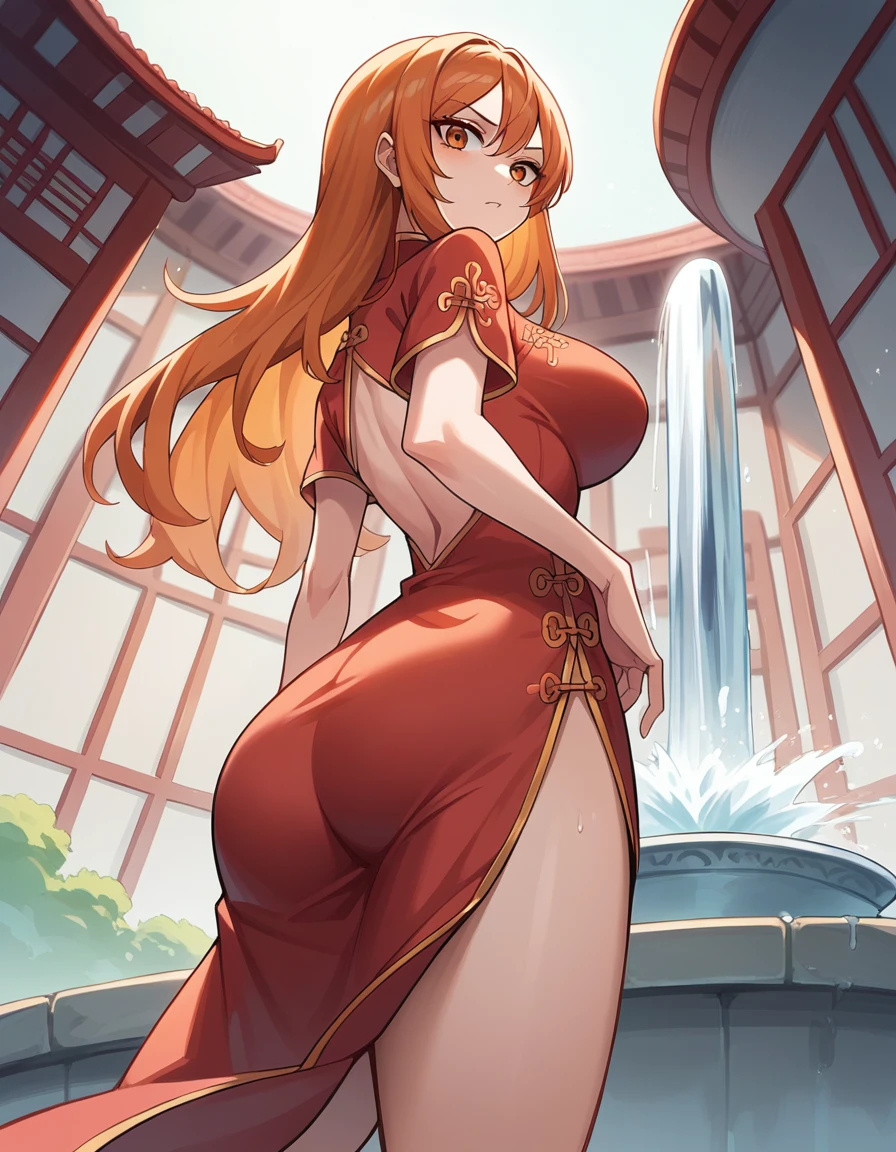 punctuation_9, punctuation_8_High above, fountain_アニメ, best qualityer, us, NAAmi, hair orange, orange eyes, long hair, breasts big, standing, looking ahead at viewer, chinese dress, Red clothing, ssmile, hinterland, cowboy shot, low angle, from behind, big-ass