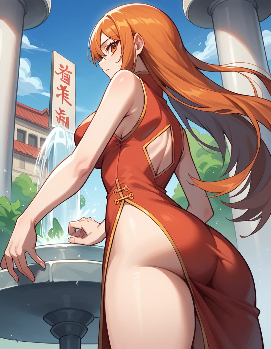 punctuation_9, punctuation_8_High above, fountain_アニメ, best qualityer, us, NAAmi, hair orange, orange eyes, long hair, breasts big, standing, looking ahead at viewer, chinese dress, Red clothing, ssmile, hinterland, cowboy shot, low angle, from behind, big-ass