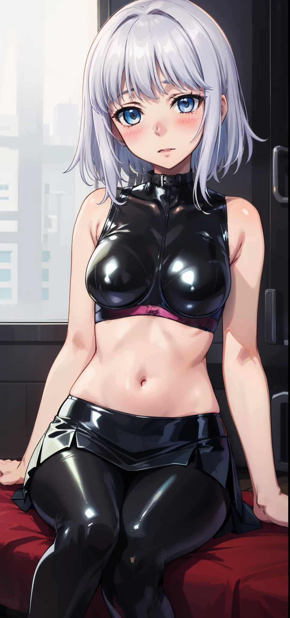 1 girl, kanon kanase,  , blush, medium breasts, sleeveless,( latex outfit,black latex bra, black latex skirt), sitting,  20-year-old, healthy skin.
