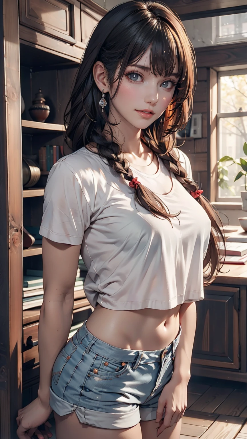 Realistic, High resolution, 1 girl, White Wavy Hair, heterochromatic eyes, Small mole under eye, Loose white shirt, Skinny denim shorts, Large Breasts, Thighs, A masterpiece where you can see the underwear, realism、24-year-old female、Sexy proportions、erotic、Long eyelashes、Long neck、slender limbature female body、Deco bangs((bangs pinned back))、Side braids((side braid))