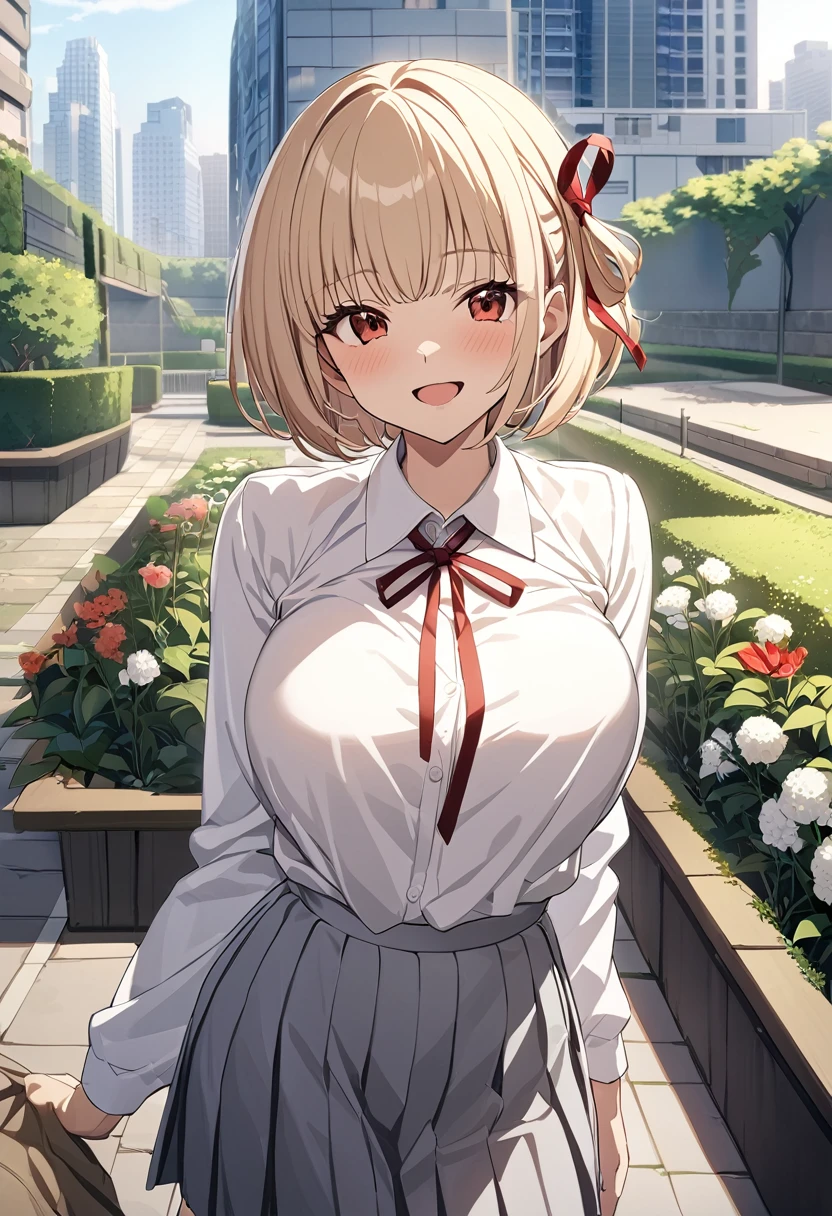 masterpiece, Highest quality, One girl, game cg  nishikigi chisato, Bobcut, Hair Ribbon, White shirt、 Grey pleated skirt,Thin tie ribbon, Long sleeve, Large Breasts, garden, null, Cityscape, Wink, Are standing,Open your mouth、 smile