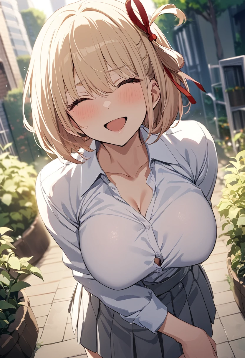 masterpiece, Highest quality, One girl, game cg  nishikigi chisato, Bobcut, Hair Ribbon, White shirt、 Grey pleated skirt,Thin tie ribbon, Long sleeve, Large Breasts, garden, null, Cityscape, Wink, Are standing,Open your mouth、 smile