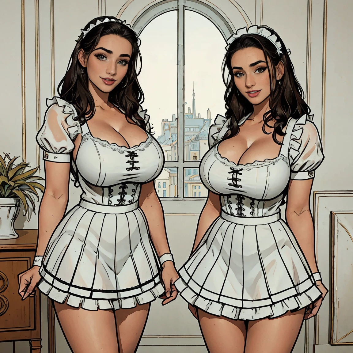 Extremely busty thin and toned brunette twins, maids, matching outfits, college girls, fair skin, loose updos, French braids, soft face, athletic, wearing sexy black French maid costume, white lace, makeup. Standing, chateau, parlor, windows, potted plants