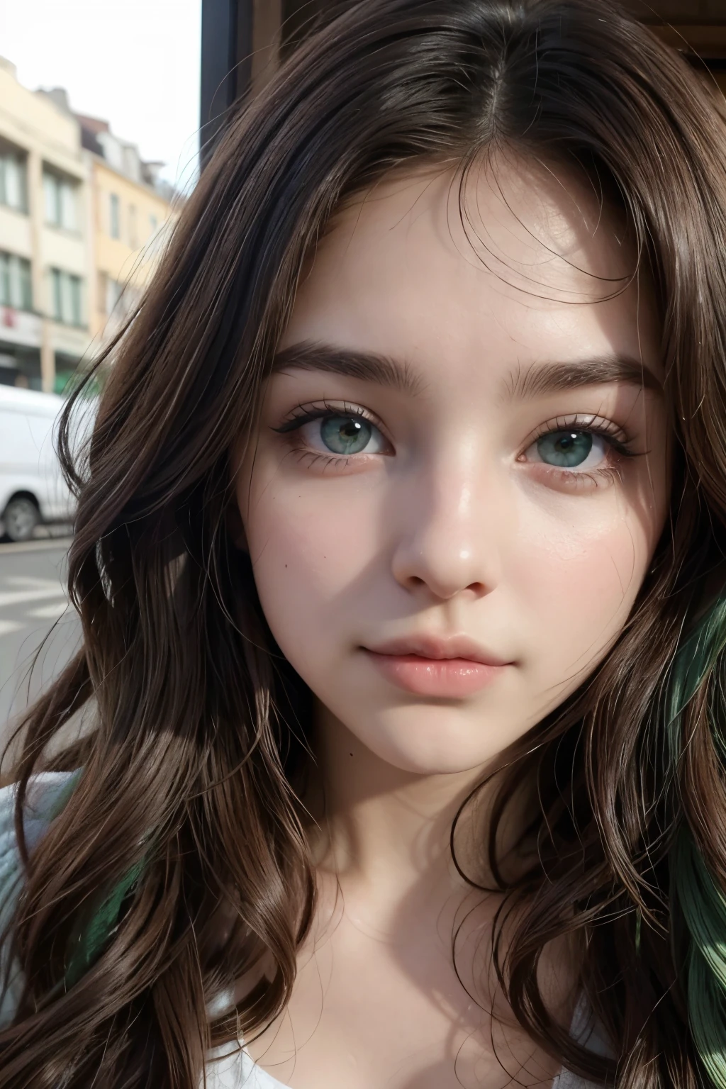 A beautiful 21 year old girl, dark green eyes, parts, wavy dark brown hair Argentine nationality 